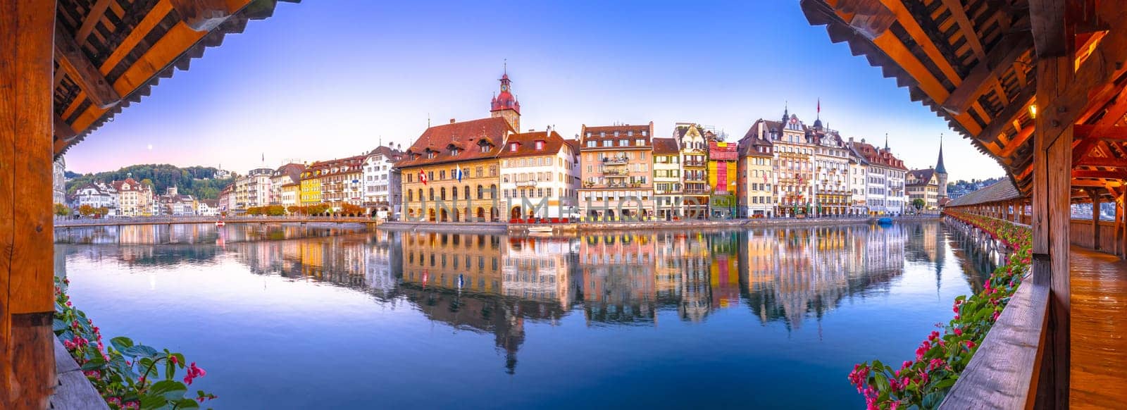 Luzern Kapelbrucke and riverfront architecture famous Swiss landmarks panoramic view by xbrchx