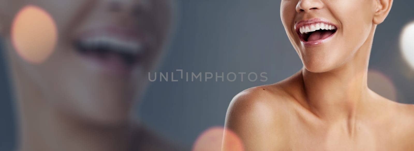 Woman, smile and mouth for beauty, banner and cosmetics on a gray studio background and double exposure. Model wuth lips closeup, skin care and dermatology or aesthetic for skincare or bokeh overlay by YuriArcurs