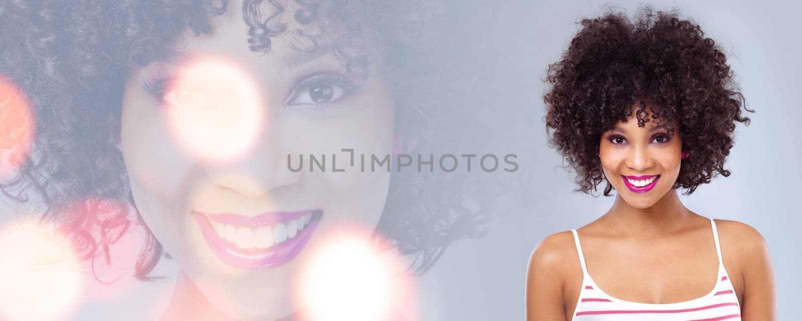 Beauty, bokeh and portrait of happy woman in mockup for cosmetics, skincare or fashion glow. Banner, poster and overlay, model with smile on face and info space for makeup tips, benefits or promotion by YuriArcurs