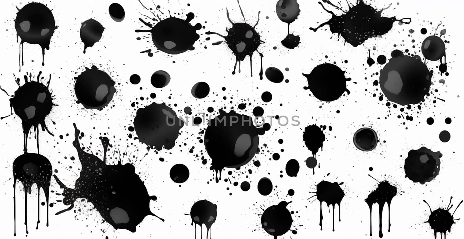 Splashes, drops, a set of black blots. Set of raster icons of liquid elements