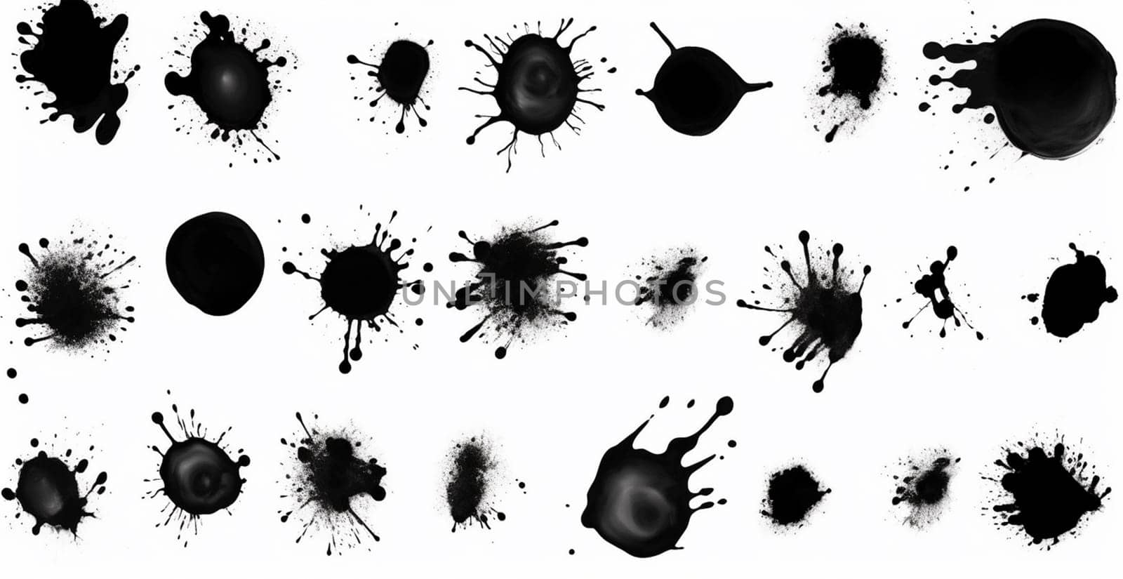 Splashes, drops, a set of black blots. Set of raster icons of liquid elements - illustration by BEMPhoto