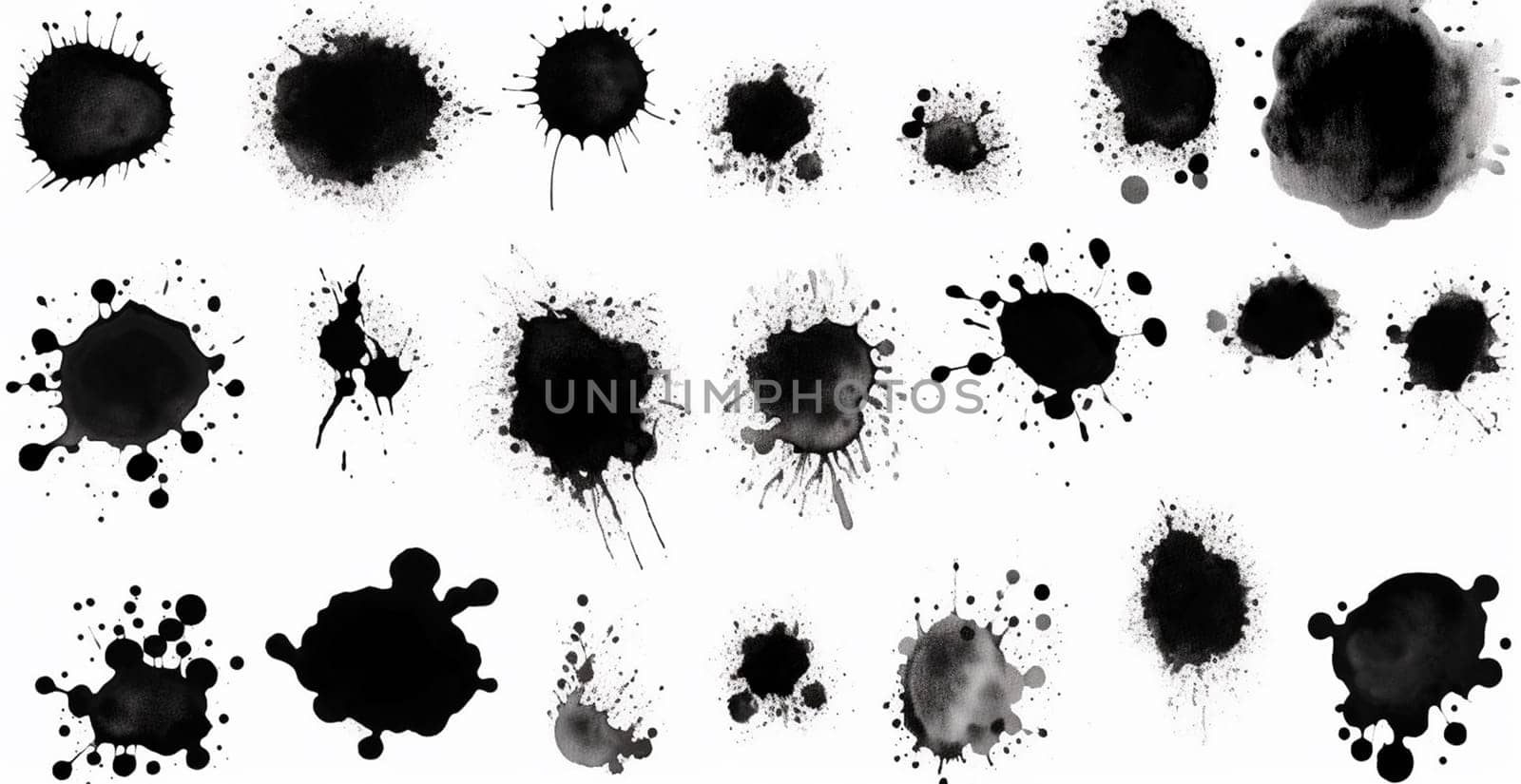 Splashes, drops, a set of black blots. Set of raster icons of liquid elements - illustration by BEMPhoto