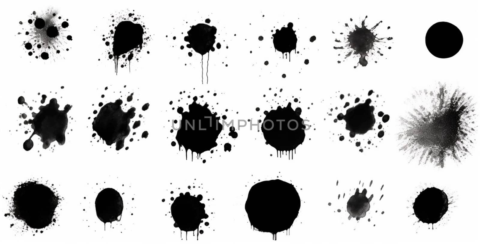 Splashes, drops, a set of black blots. Set of raster icons of liquid elements - illustration by BEMPhoto