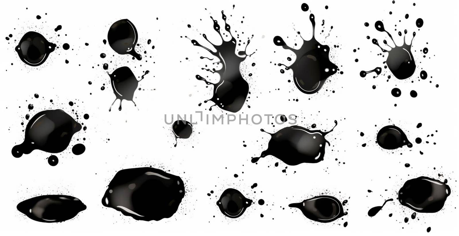 Splashes, drops, a set of black blots. Set of raster icons of liquid elements - illustration by BEMPhoto