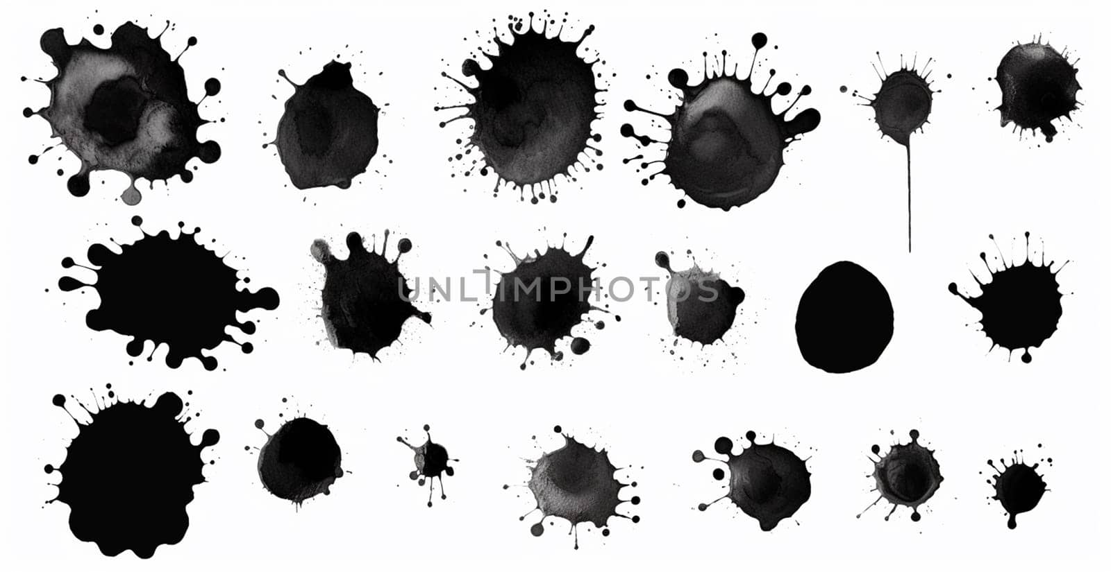 Splashes, drops, a set of black blots. Set of raster icons of liquid elements - illustration by BEMPhoto