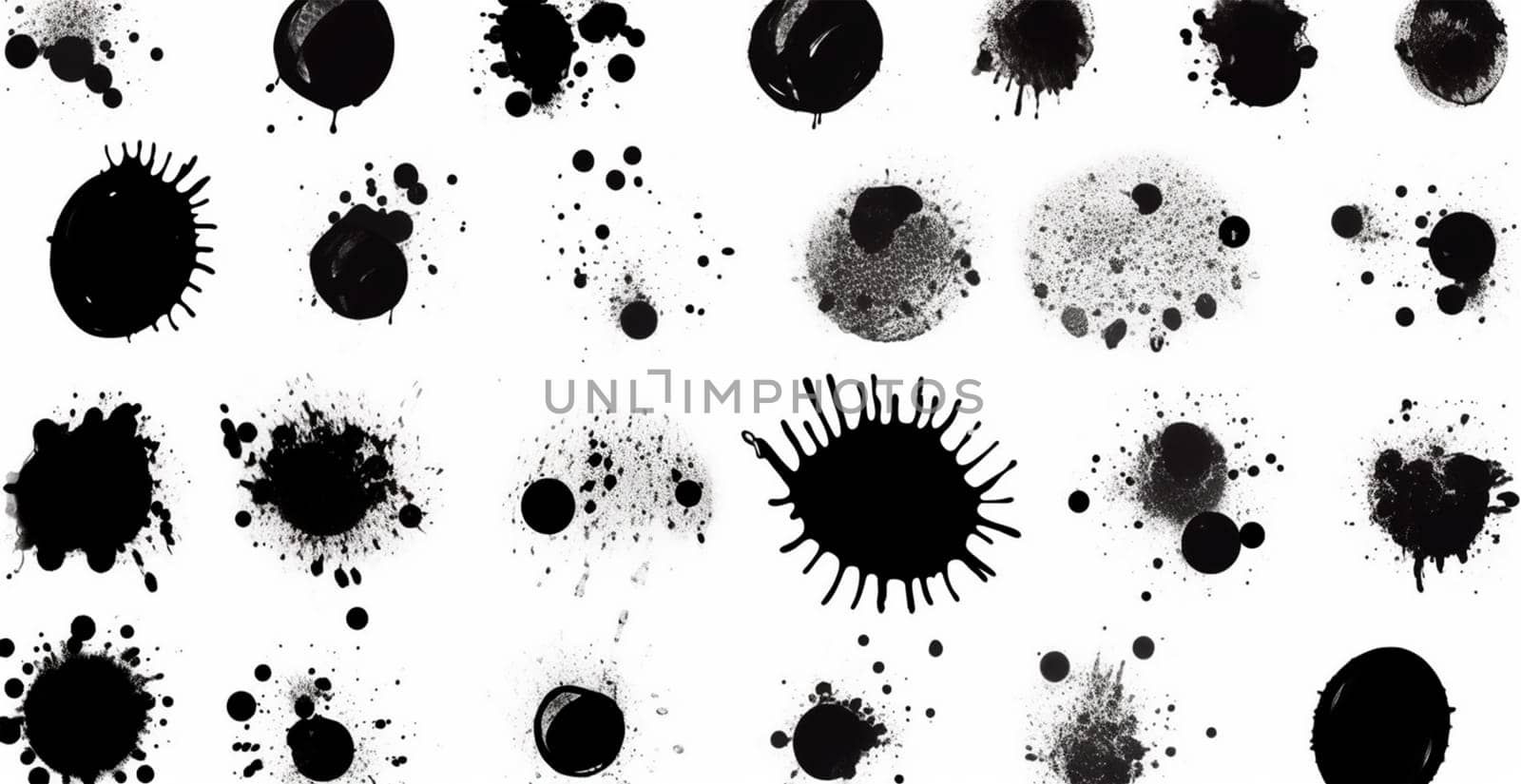 Splashes, drops, a set of black blots. Set of raster icons of liquid elements - illustration by BEMPhoto