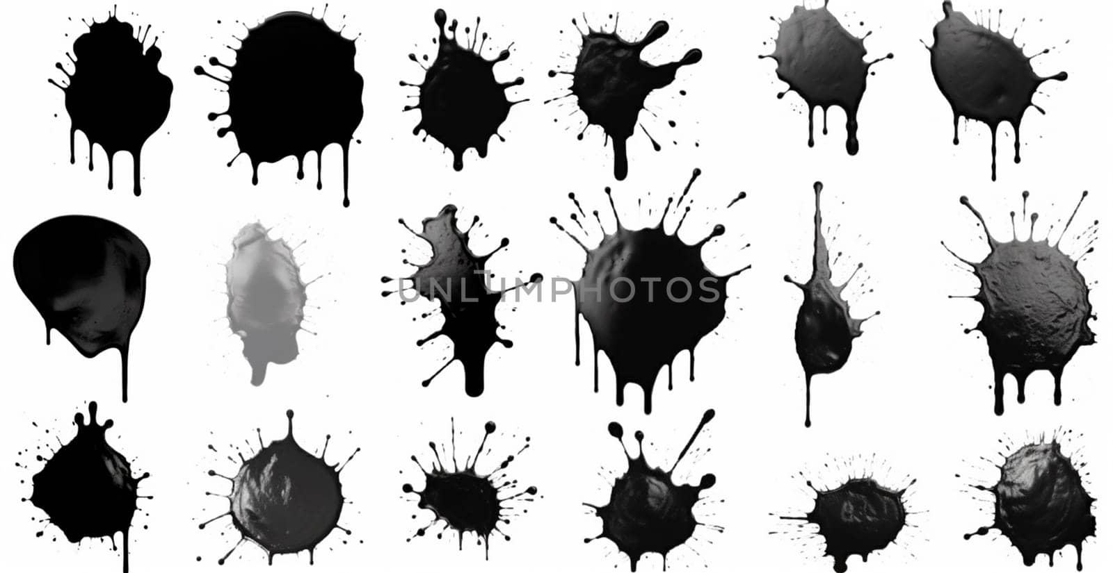 Splashes, drops, a set of black blots. Set of raster icons of liquid elements - illustration by BEMPhoto