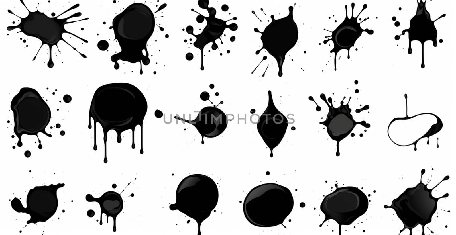 Splashes, drops, a set of black blots. Set of raster icons of liquid elements
