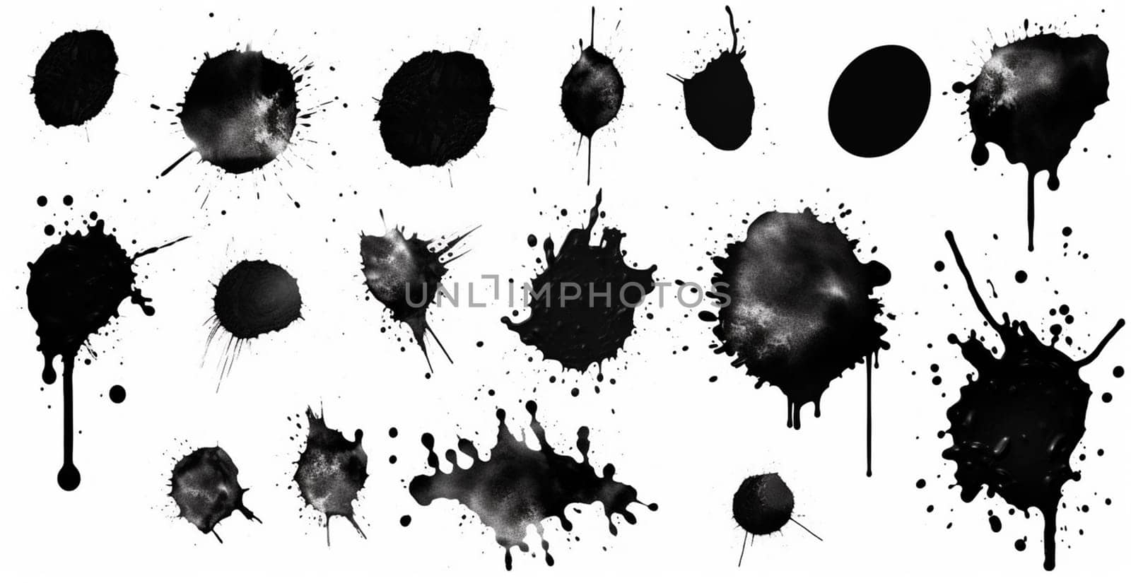 Splashes, drops, a set of black blots. Set of raster icons of liquid elements