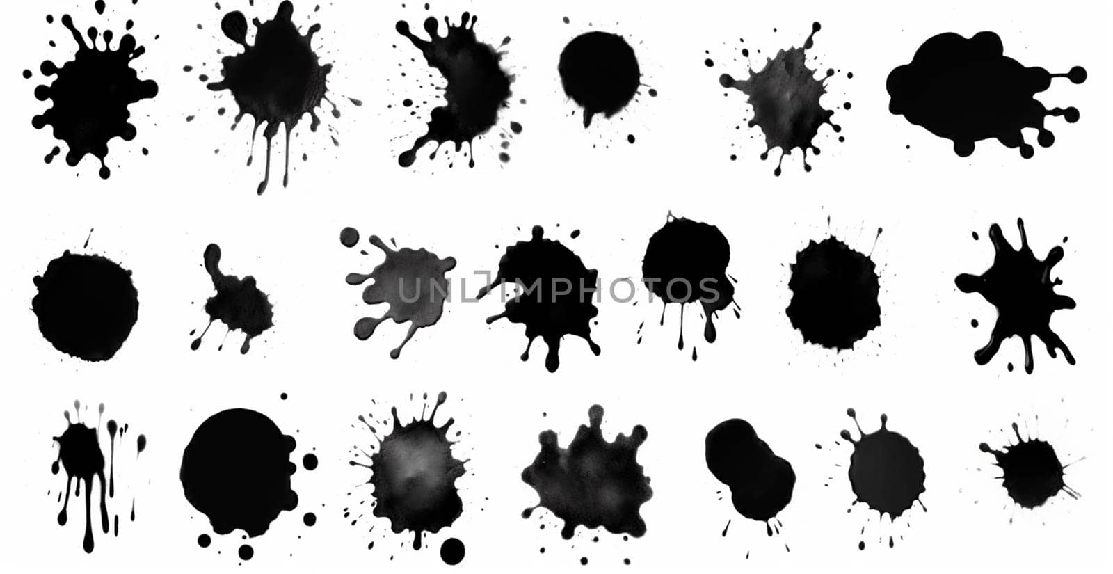 Splashes, drops, a set of black blots. Set of raster icons of liquid elements - illustration by BEMPhoto