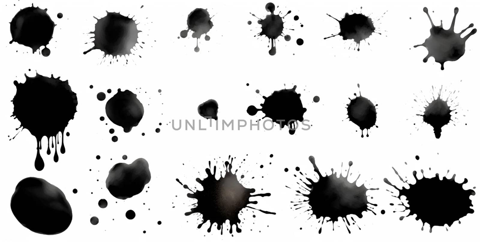 Splashes, drops, a set of black blots. Set of raster icons of liquid elements