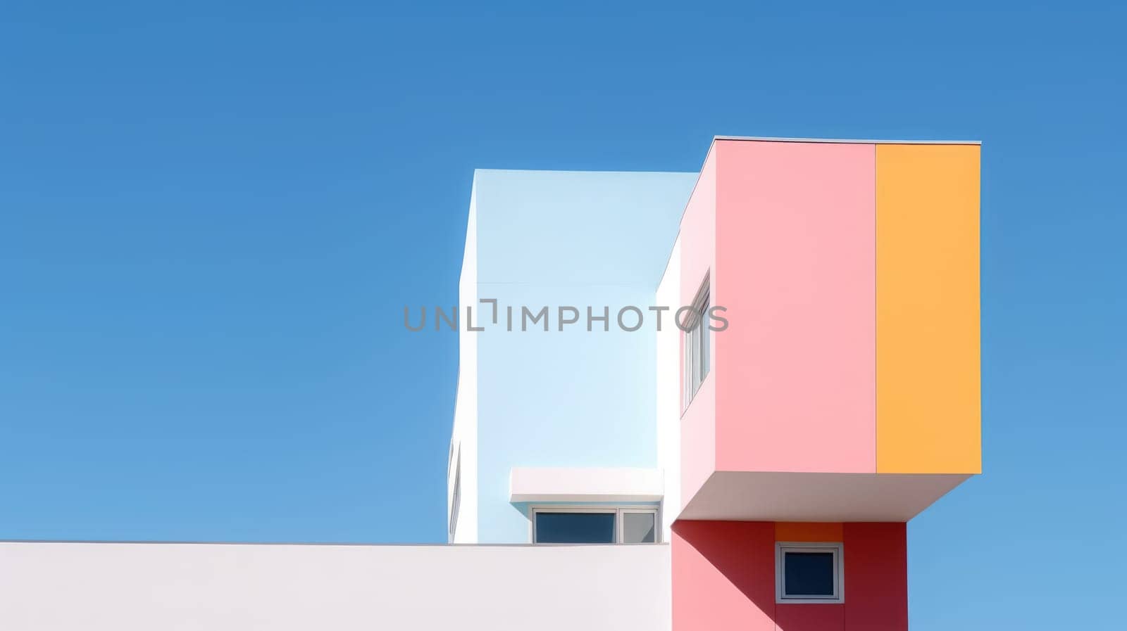 A colorful building with blue sky in minimalist style. Generative AI image weber.