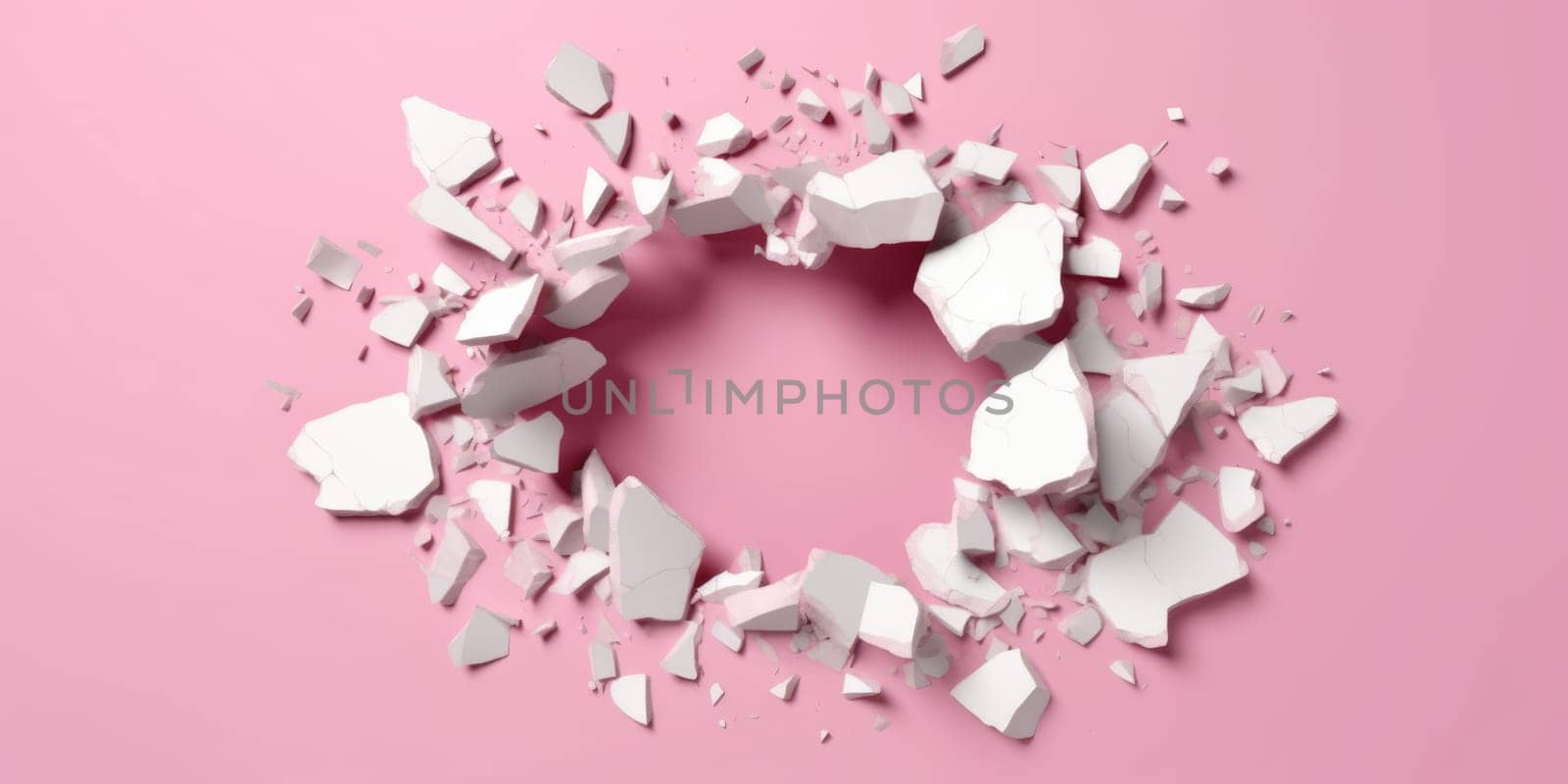 Breaking out of a hole in solid Pink wall, torn hole, empty copy space frame, mockup. Generative AI weber. by biancoblue