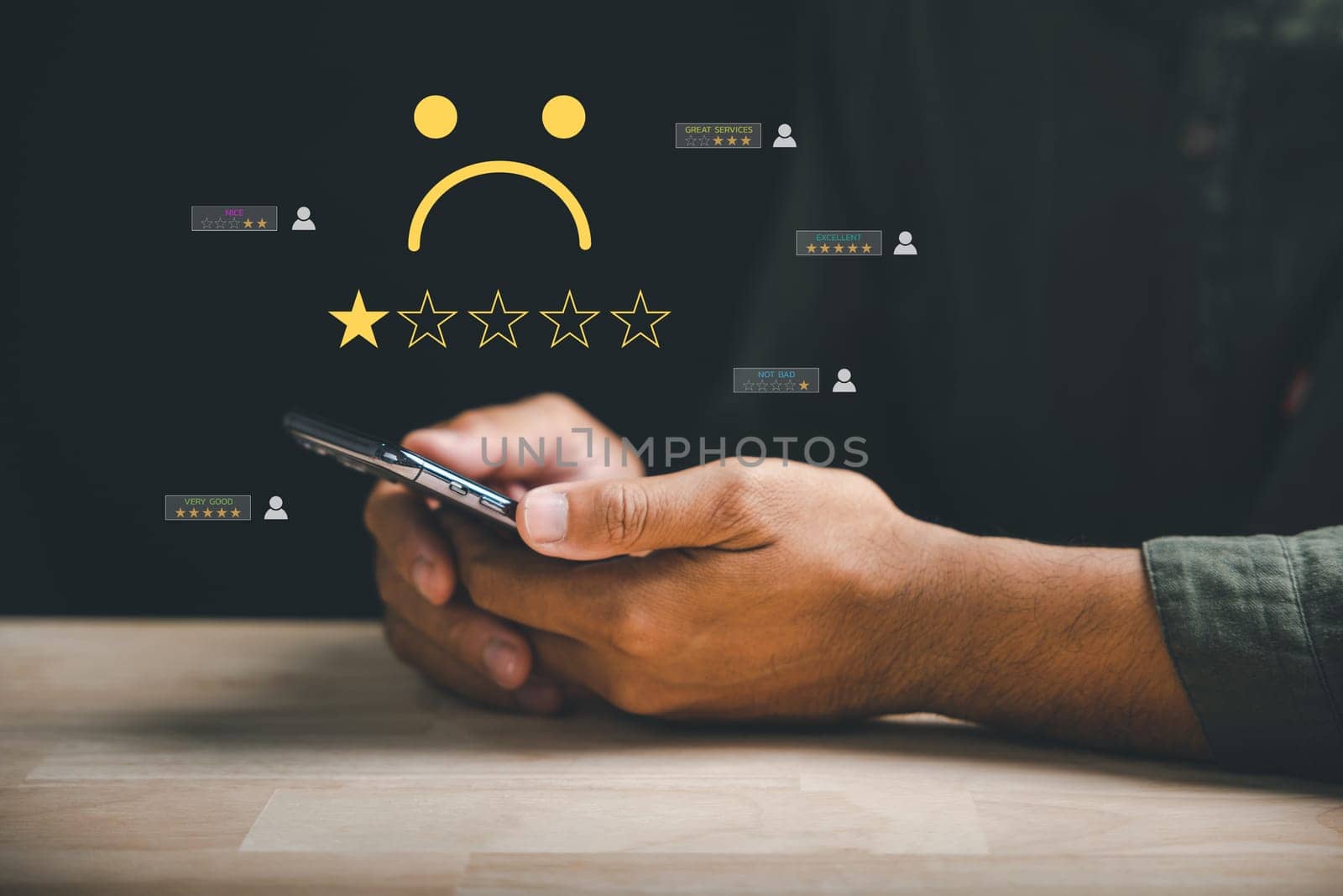 Unhappy client rates 1 star on social media using a smartphone by Sorapop