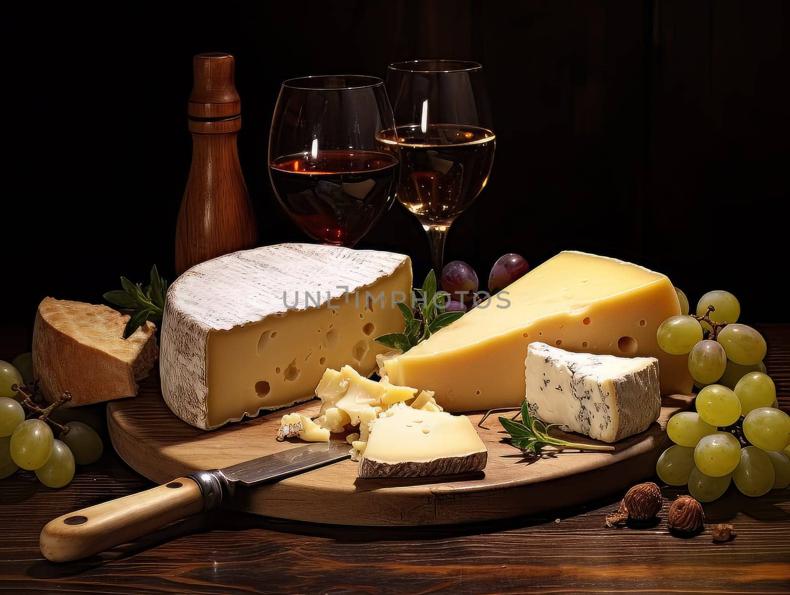 Board with cheeses, wine in glasses and grapes. Still life of table for tasting cheese and wine, cozy romantic atmosphere, low key AI