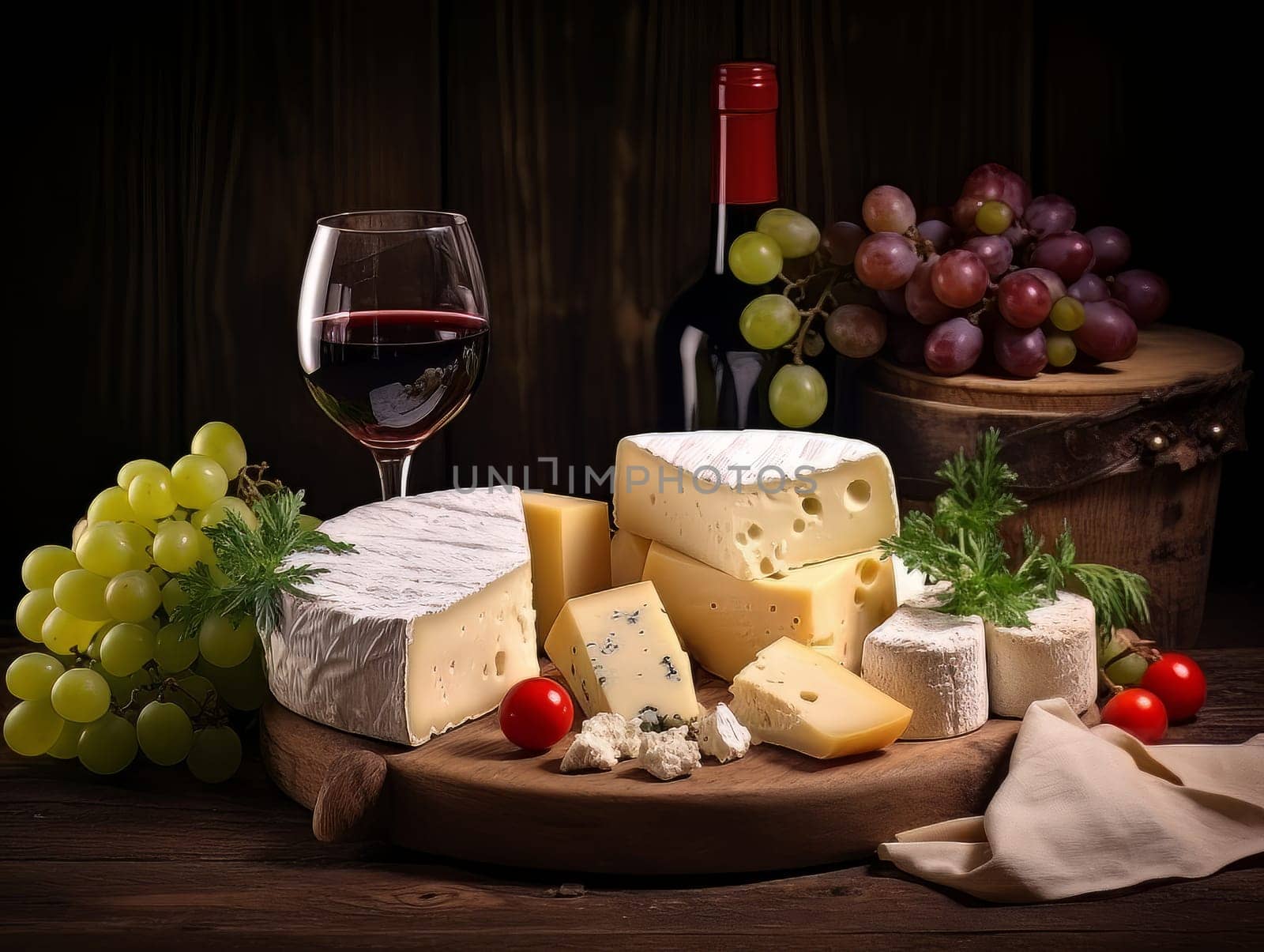 Board with cheeses, red wine in a glass and grapes. Still life of table for tasting cheese and wine, cozy romantic atmosphere, low key AI