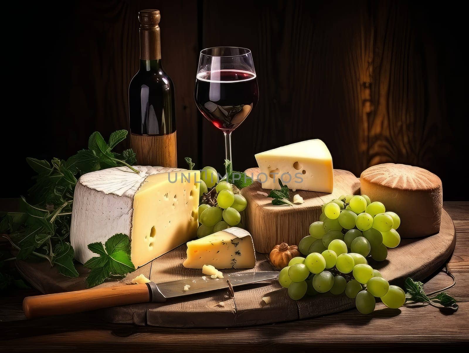 Cheese board with different varieties and glass of wine. AI by but_photo