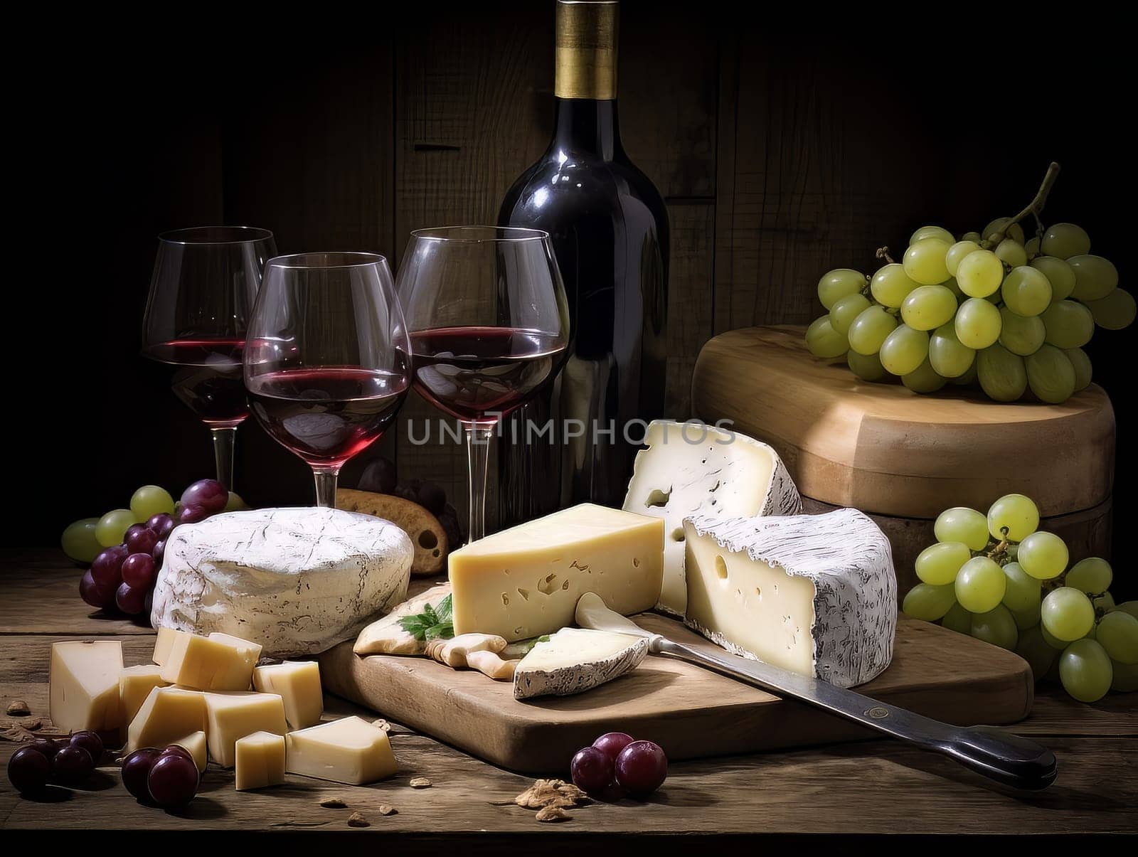 Board with cheeses, red wine in glasses and grapes. Still life of table for tasting cheese and wine, cozy romantic atmosphere, low key AI