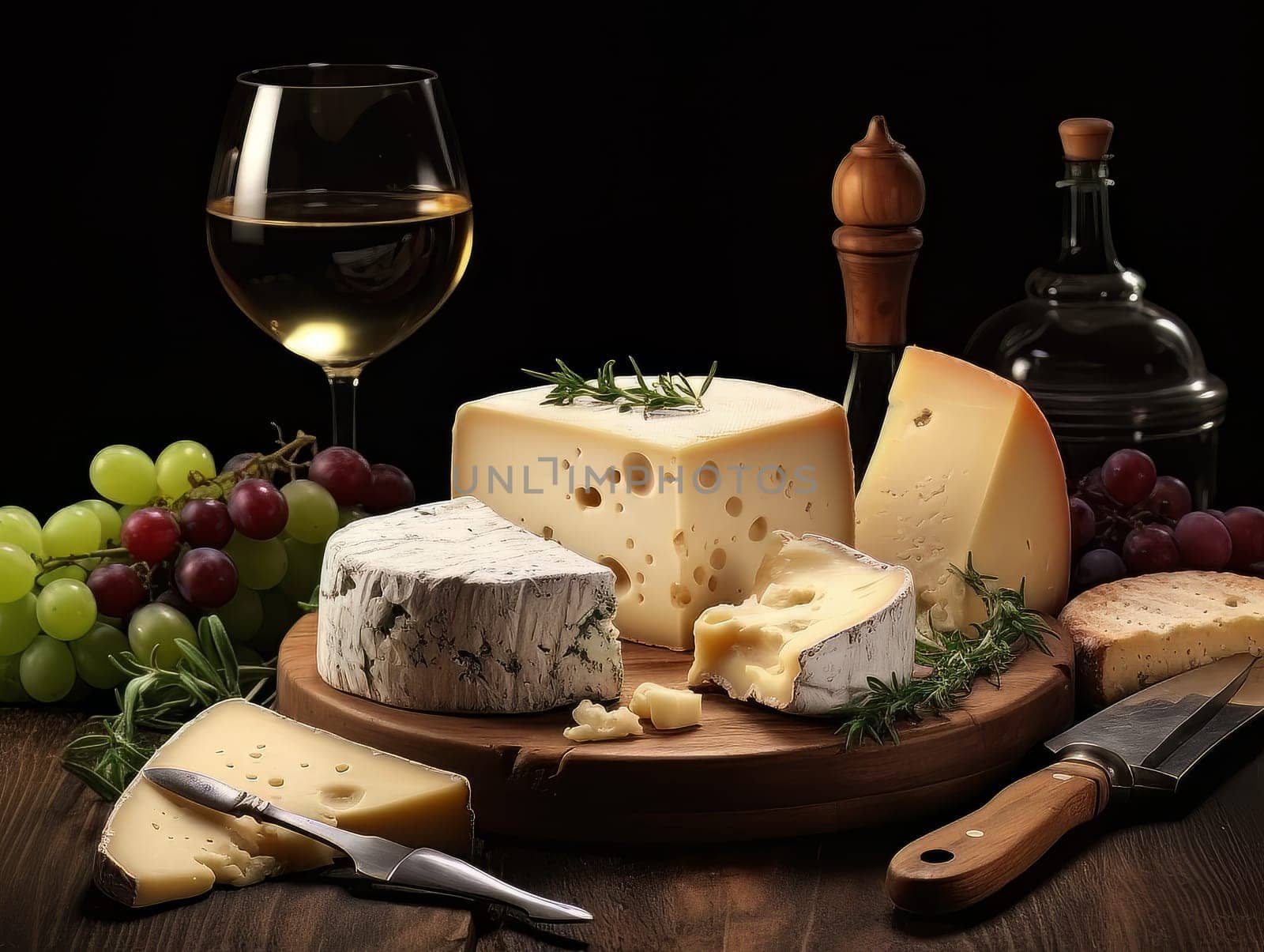 Cheese board with different varieties and glass of white wine. AI by but_photo