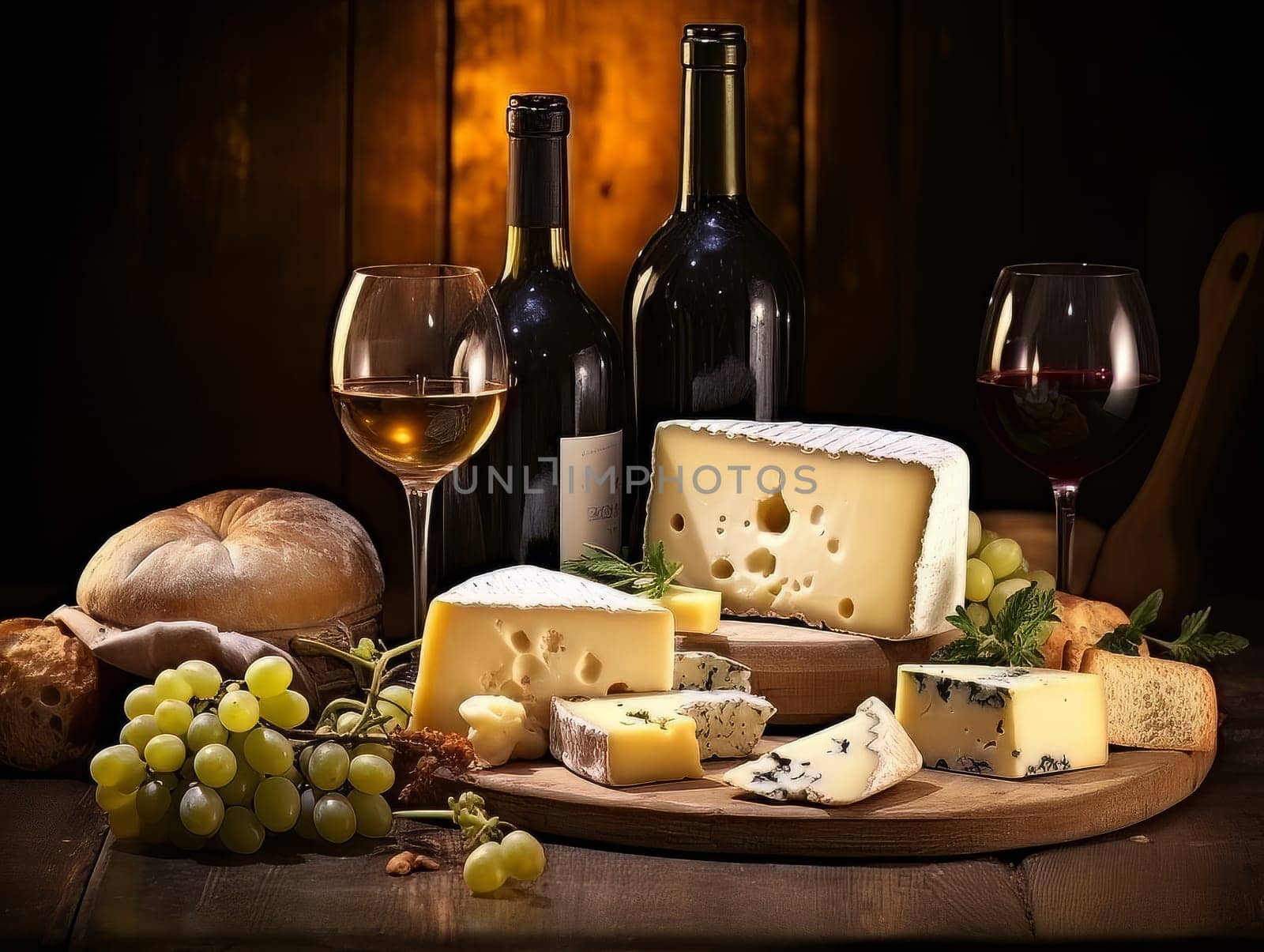 Board with cheeses, red and white wine in glasses and grapes. Still life of table for tasting cheese and wine, cozy romantic atmosphere, low key AI