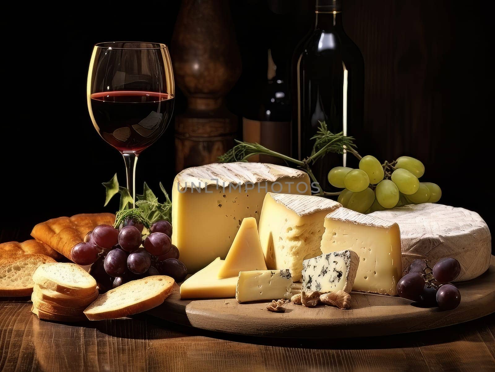 Board with cheeses, red wine in a glass and grapes. Still life of table for tasting cheese and wine, cozy romantic atmosphere, low key AI