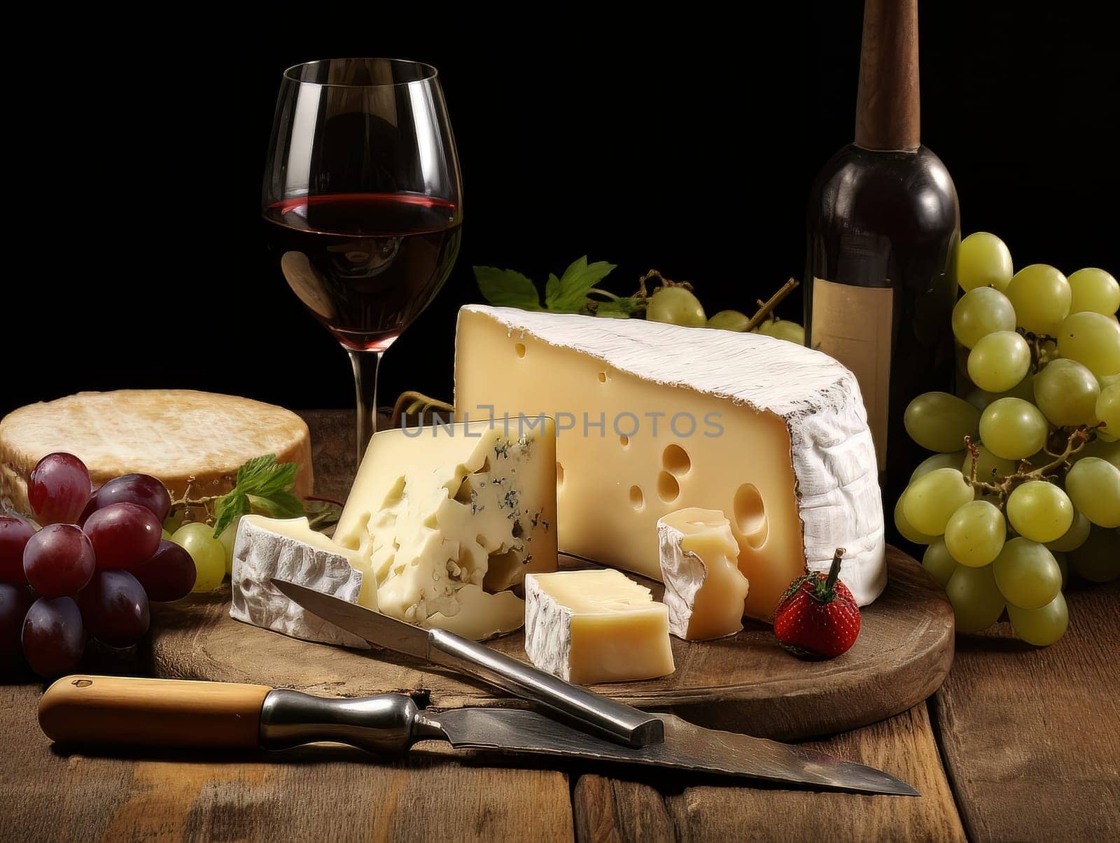 Board with cheeses, red wine in a glass and grapes. Still life of table for tasting cheese and wine, cozy romantic atmosphere, low key AI