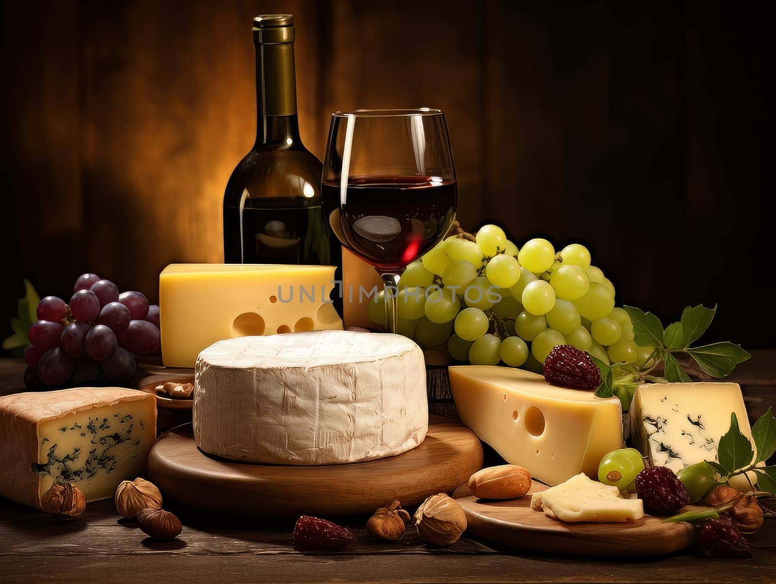 Cheese board with different varieties and glass of wine. AI by but_photo