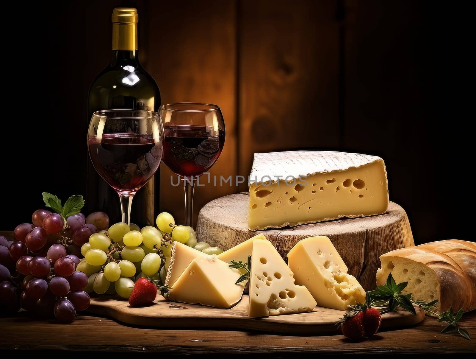 Cheese board with different varieties and two glasses of wine. AI by but_photo