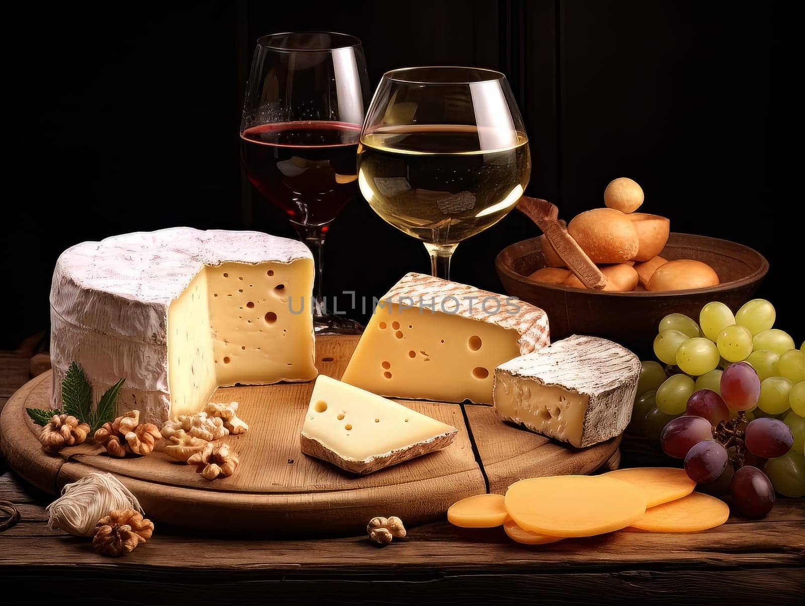 Board with cheeses, red and white wine in glasses and grapes. Still life of table for tasting cheese and wine, cozy romantic atmosphere, low key AI