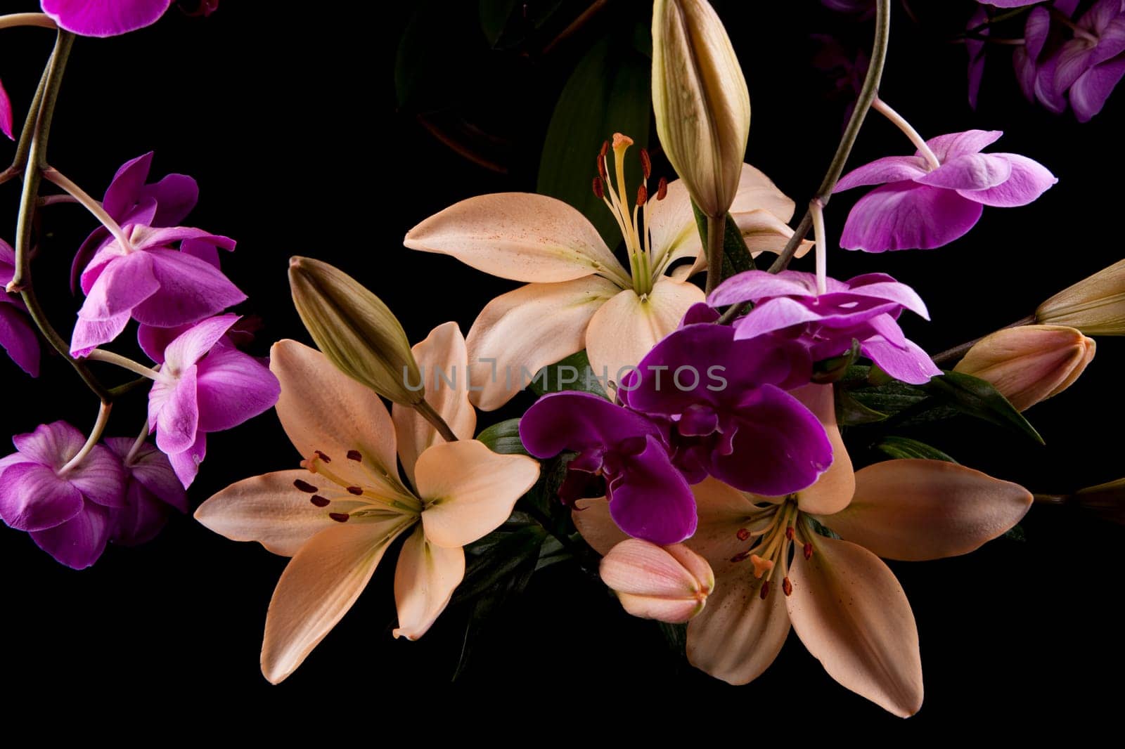 A low key image of yellow lilies and purple orchids shot against a black background.