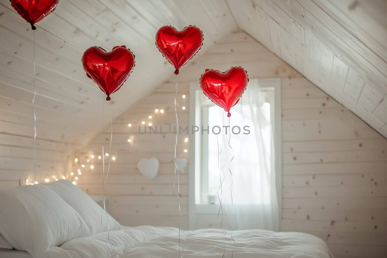 Red Heart Shaped Balloons in White Bedroom for Valentine's Day celebration