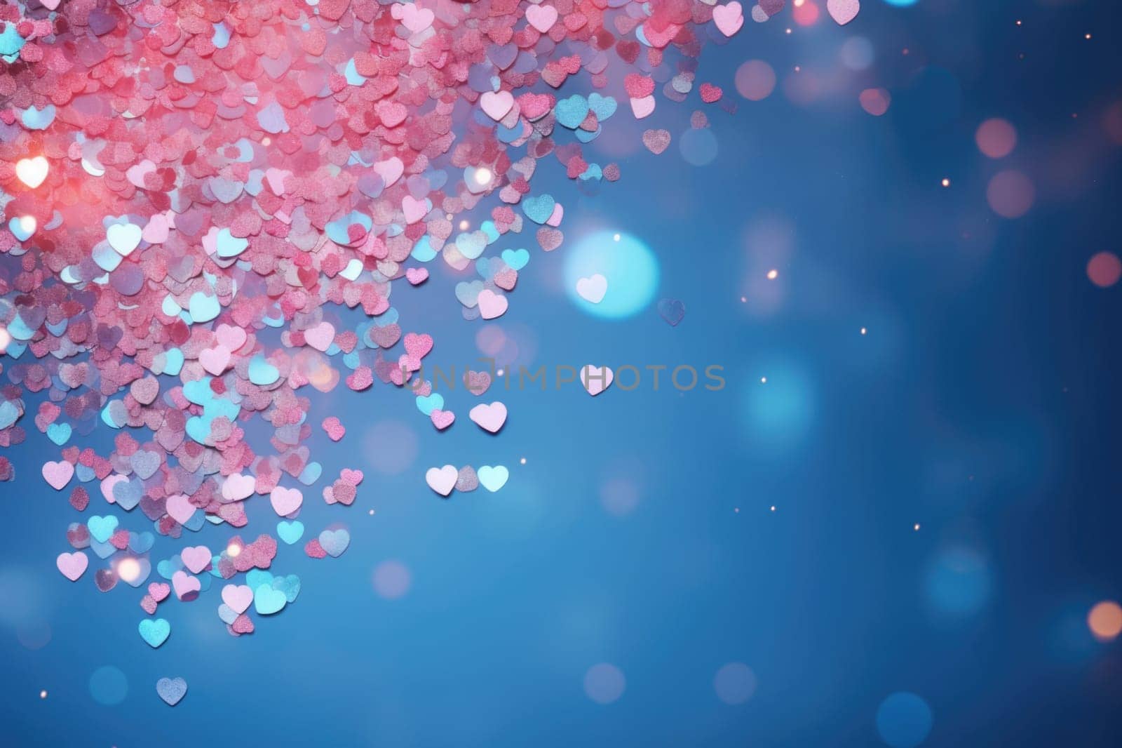 Pink hearts shape colored blue bokeh background