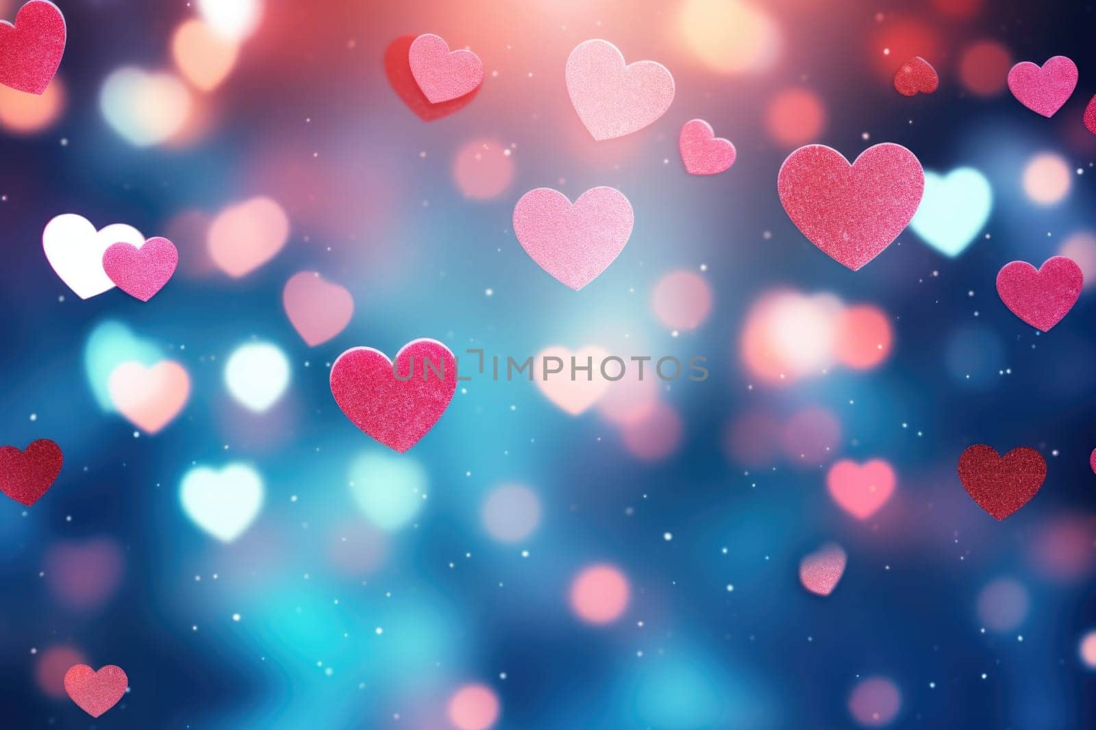 Pink hearts shape colored blue bokeh background