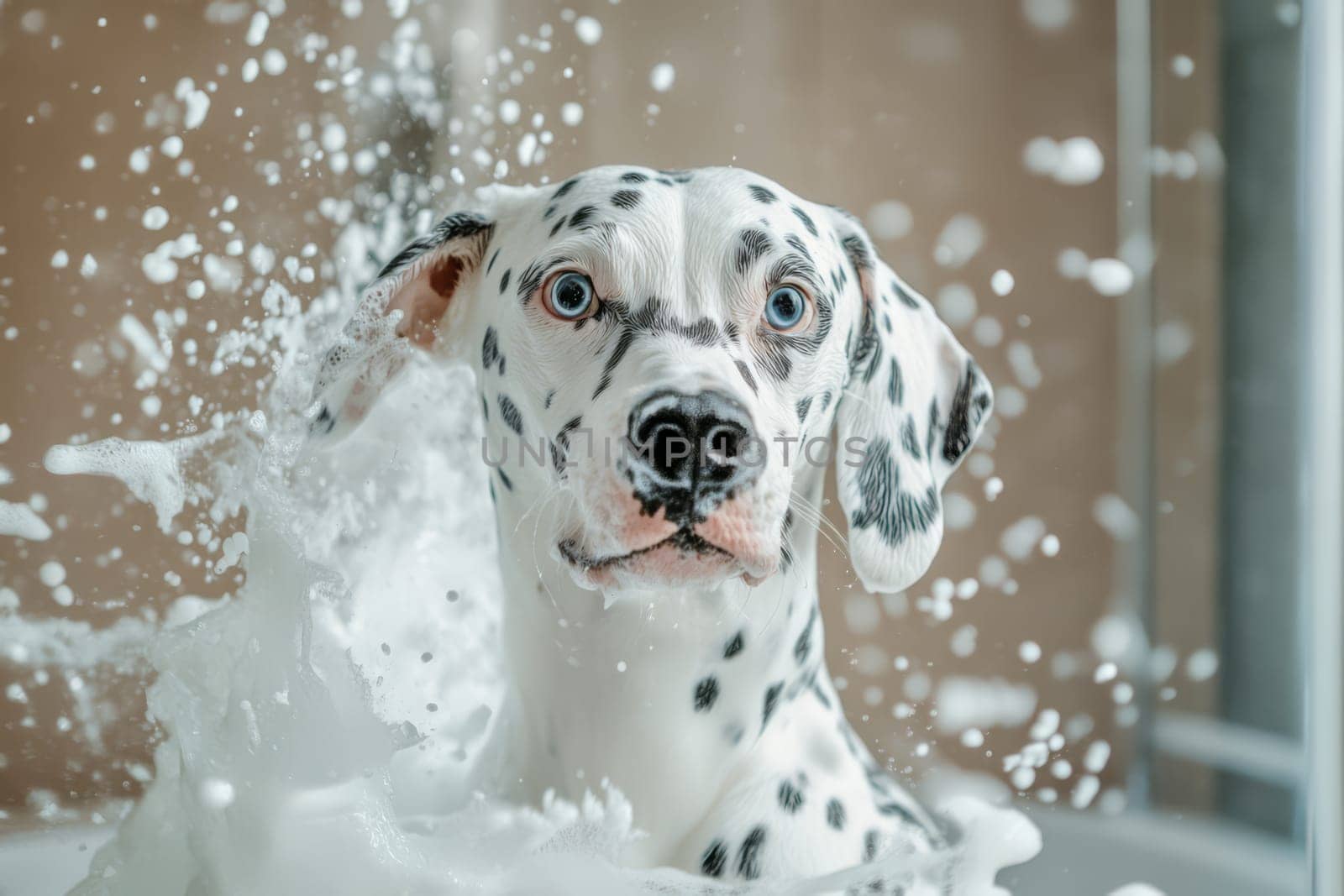 Dalmatian in the shower foam in bath