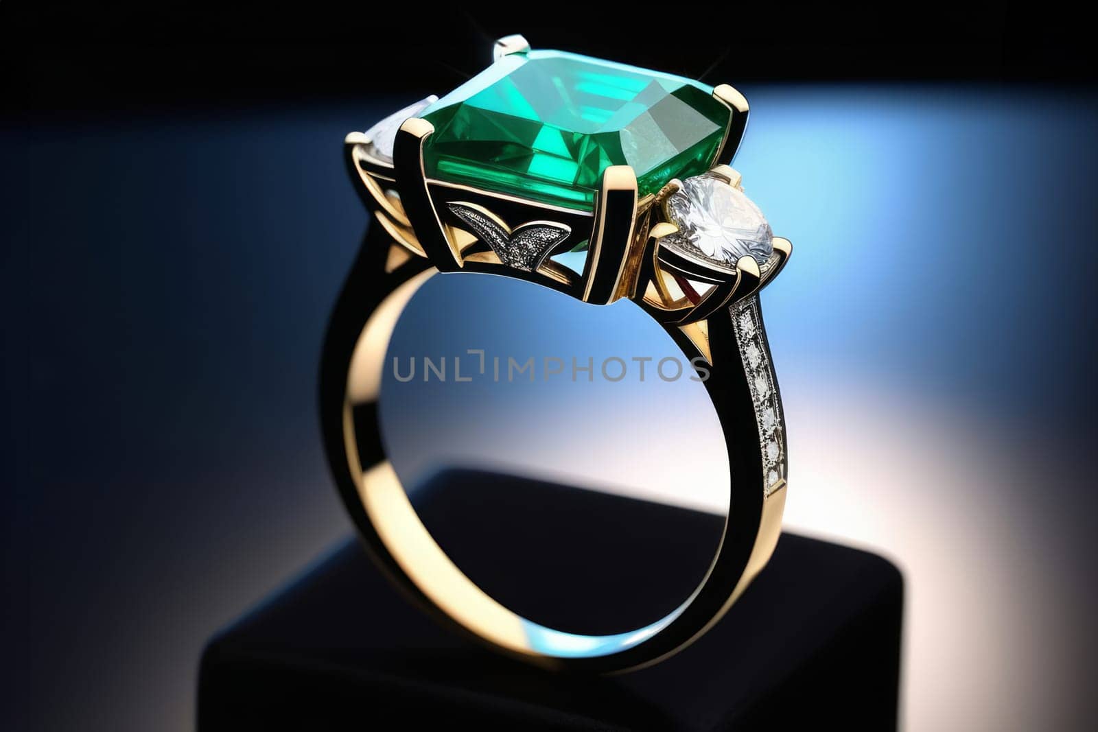 Three carat emerald with diamonds on a black background