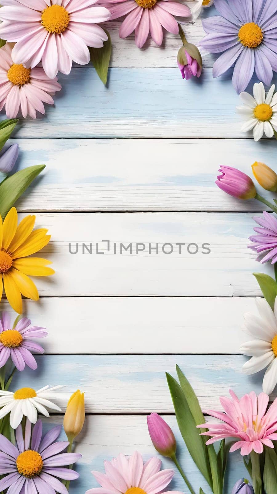 Colorful Spring Flowers on Wooden Background.A vibrant and colorful arrangement of various spring flowers, including daisies, tulips, and other blossoms, placed on a light blue and white wooden background. The flowers are positioned along the left side of the image, creating a beautiful and natural border. The combination of different flower types and colors, such as white, pink, purple, yellow, and blue, adds a cheerful and fresh feel to the image, making it perfect for spring-themed designs, backgrounds, or advertisements.