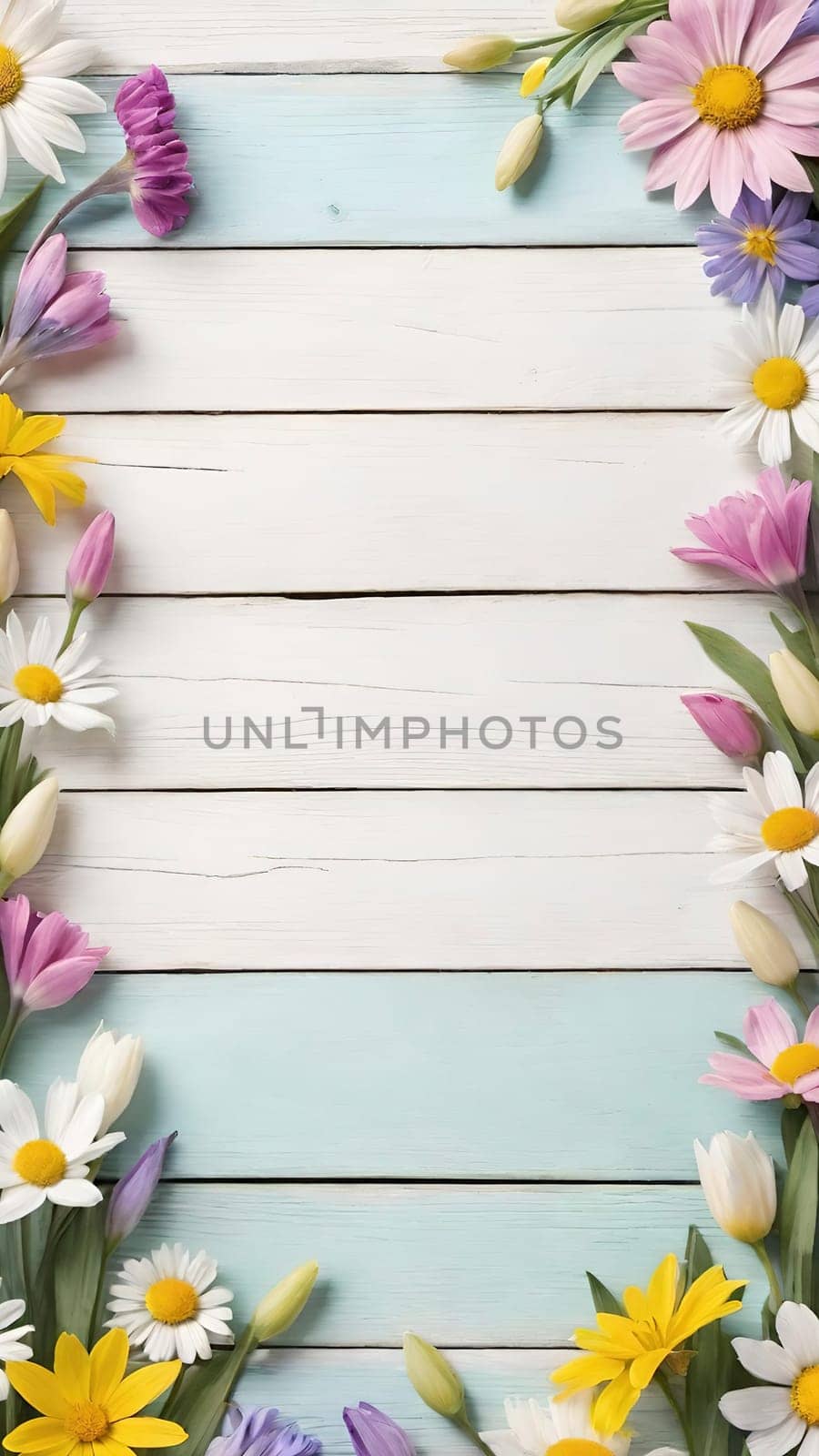 Colorful Spring Flowers on Wooden Background.A vibrant and colorful arrangement of various spring flowers, including daisies, tulips, and other blossoms, placed on a light blue and white wooden background. The flowers are positioned along the left side of the image, creating a beautiful and natural border. The combination of different flower types and colors, such as white, pink, purple, yellow, and blue, adds a cheerful and fresh feel to the image, making it perfect for spring-themed designs, backgrounds, or advertisements.