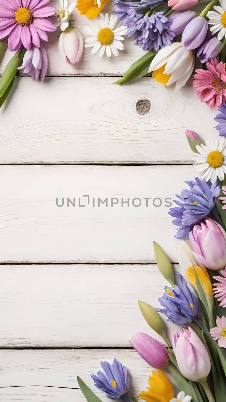 Colorful Spring Flowers on Wooden Background.A vibrant and colorful arrangement of various spring flowers, including daisies, tulips, and other blossoms, placed on a light blue and white wooden background. The flowers are positioned along the left side of the image, creating a beautiful and natural border. The combination of different flower types and colors, such as white, pink, purple, yellow, and blue, adds a cheerful and fresh feel to the image, making it perfect for spring-themed designs, backgrounds, or advertisements.