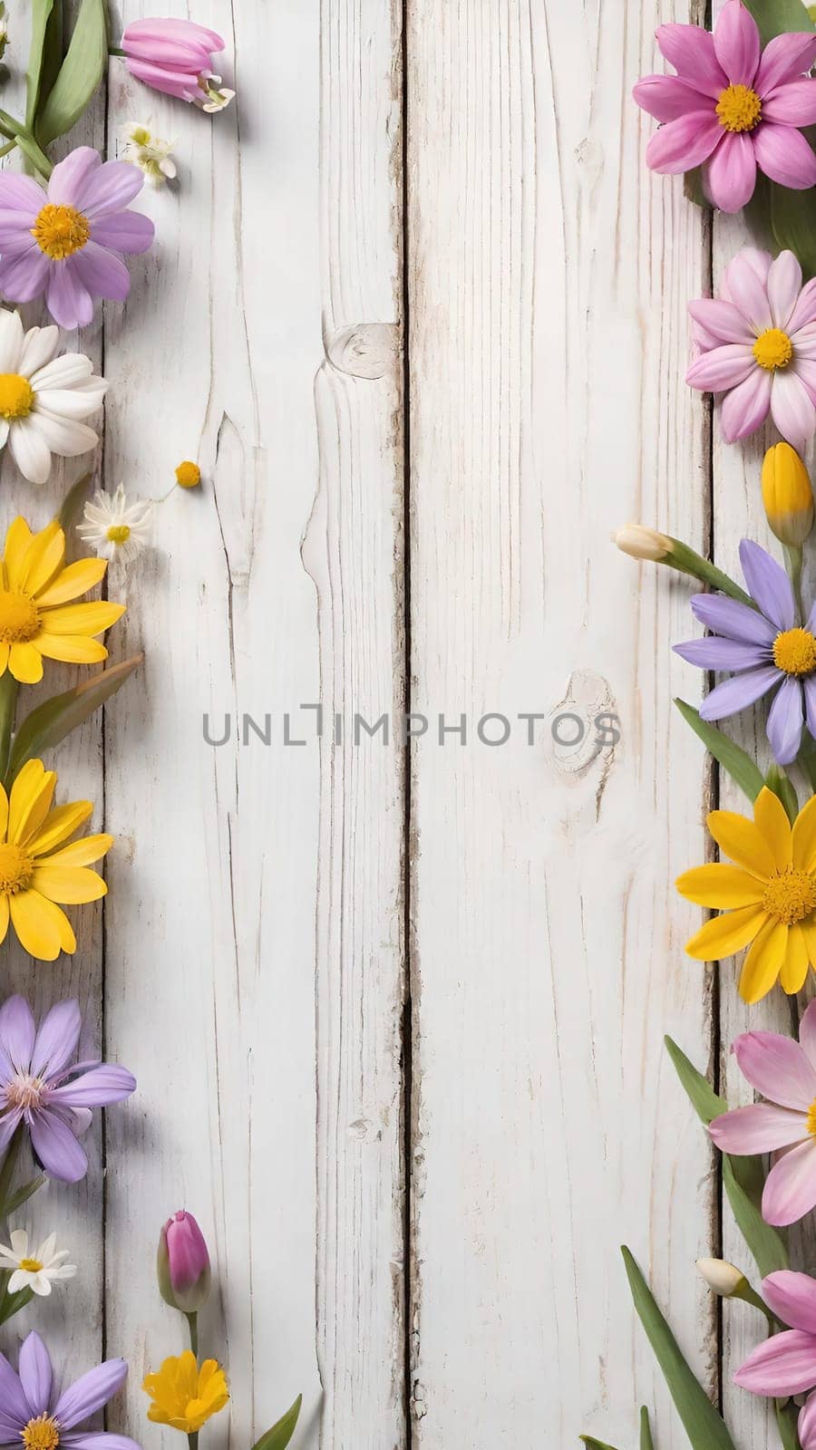 Colorful Spring Flowers on Wooden Background.A vibrant and colorful arrangement of various spring flowers, including daisies, tulips, and other blossoms, placed on a light blue and white wooden background. The flowers are positioned along the left side of the image, creating a beautiful and natural border. The combination of different flower types and colors, such as white, pink, purple, yellow, and blue, adds a cheerful and fresh feel to the image, making it perfect for spring-themed designs, backgrounds, or advertisements.