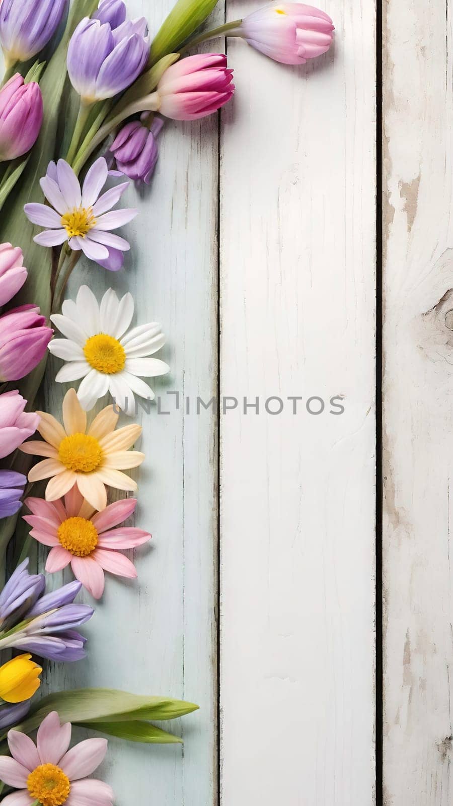 Colorful Spring Flowers on Wooden Background.A vibrant and colorful arrangement of various spring flowers, including daisies, tulips, and other blossoms, placed on a light blue and white wooden background. The flowers are positioned along the left side of the image, creating a beautiful and natural border. The combination of different flower types and colors, such as white, pink, purple, yellow, and blue, adds a cheerful and fresh feel to the image, making it perfect for spring-themed designs, backgrounds, or advertisements.