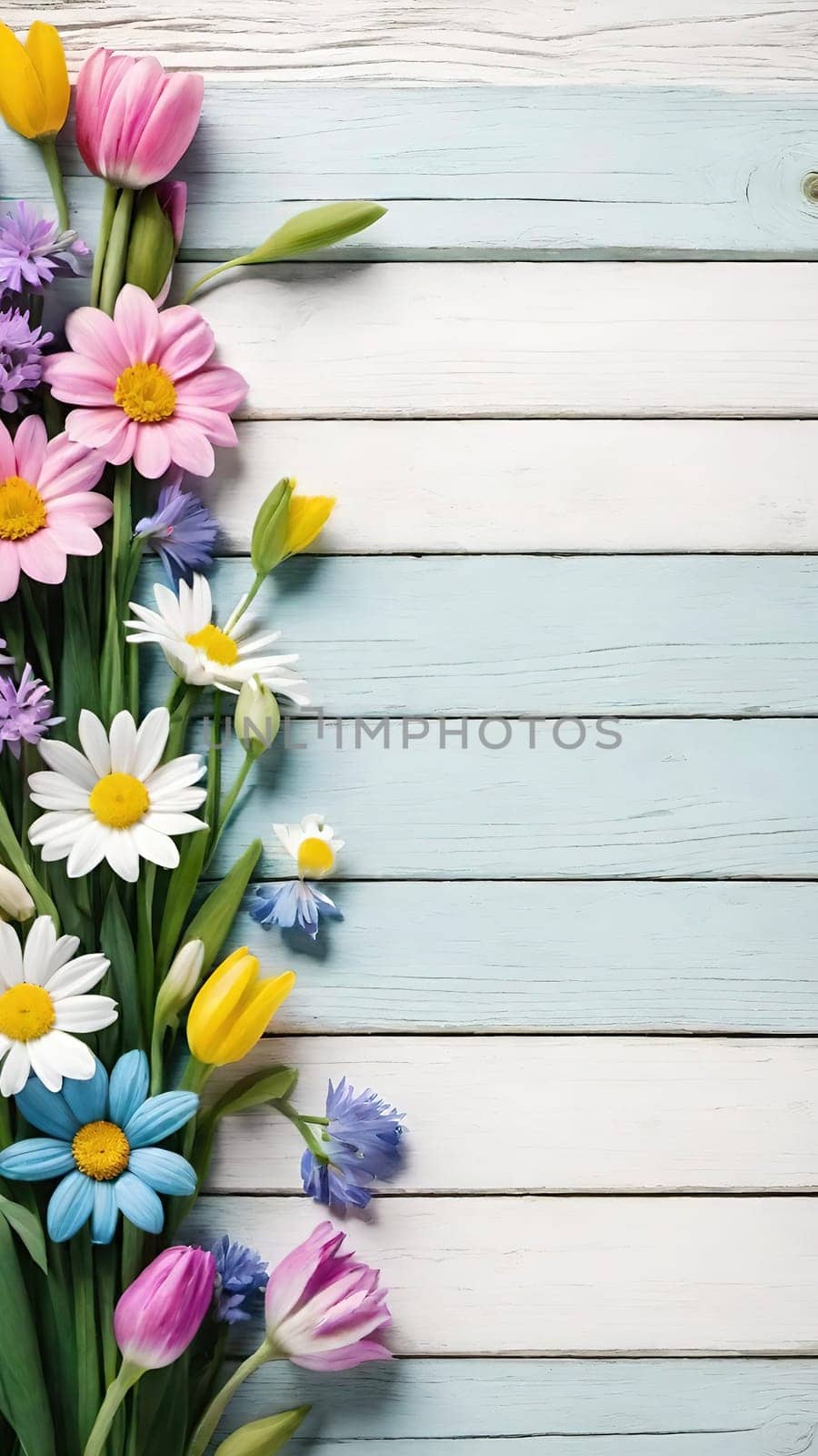 Colorful Spring Flowers on Wooden Background.A vibrant and colorful arrangement of various spring flowers, including daisies, tulips, and other blossoms, placed on a light blue and white wooden background. The flowers are positioned along the left side of the image, creating a beautiful and natural border. The combination of different flower types and colors, such as white, pink, purple, yellow, and blue, adds a cheerful and fresh feel to the image, making it perfect for spring-themed designs, backgrounds, or advertisements.