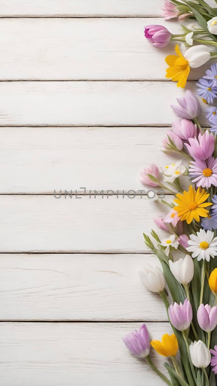 Colorful Spring Flowers on Wooden Background.A vibrant and colorful arrangement of various spring flowers, including daisies, tulips, and other blossoms, placed on a light blue and white wooden background. The flowers are positioned along the left side of the image, creating a beautiful and natural border. The combination of different flower types and colors, such as white, pink, purple, yellow, and blue, adds a cheerful and fresh feel to the image, making it perfect for spring-themed designs, backgrounds, or advertisements.