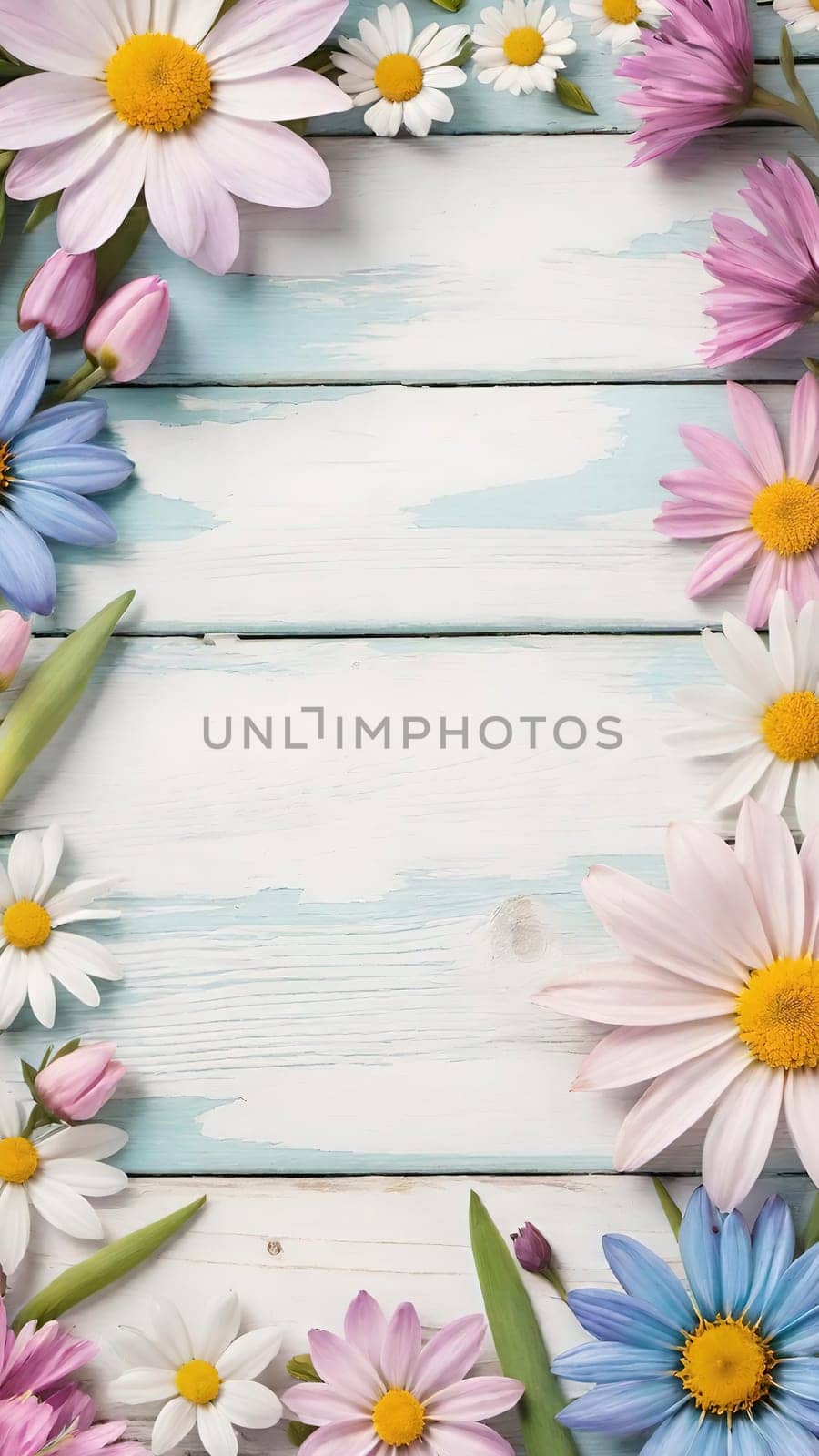 Colorful Spring Flowers on Wooden Background.A vibrant and colorful arrangement of various spring flowers, including daisies, tulips, and other blossoms, placed on a light blue and white wooden background. The flowers are positioned along the left side of the image, creating a beautiful and natural border. The combination of different flower types and colors, such as white, pink, purple, yellow, and blue, adds a cheerful and fresh feel to the image, making it perfect for spring-themed designs, backgrounds, or advertisements.