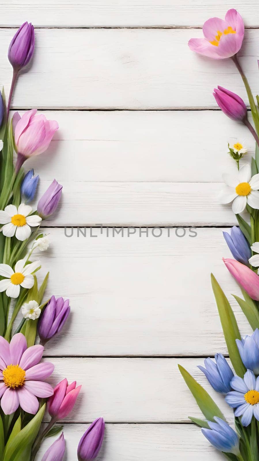 Colorful Spring Flowers on Wooden Background.A vibrant and colorful arrangement of various spring flowers, including daisies, tulips, and other blossoms, placed on a light blue and white wooden background. The flowers are positioned along the left side of the image, creating a beautiful and natural border. The combination of different flower types and colors, such as white, pink, purple, yellow, and blue, adds a cheerful and fresh feel to the image, making it perfect for spring-themed designs, backgrounds, or advertisements.