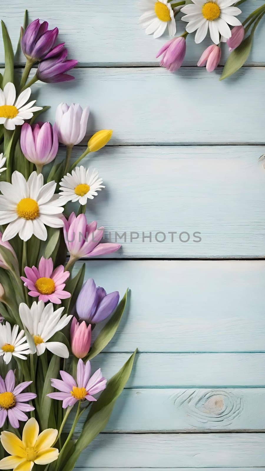 Colorful Spring Flowers on Wooden Background.A vibrant and colorful arrangement of various spring flowers, including daisies, tulips, and other blossoms, placed on a light blue and white wooden background. The flowers are positioned along the left side of the image, creating a beautiful and natural border. The combination of different flower types and colors, such as white, pink, purple, yellow, and blue, adds a cheerful and fresh feel to the image, making it perfect for spring-themed designs, backgrounds, or advertisements.