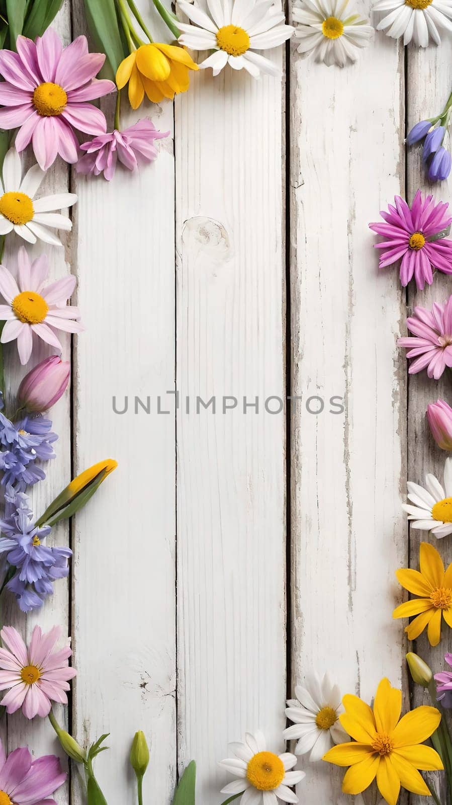 Colorful Spring Flowers on Wooden Background.A vibrant and colorful arrangement of various spring flowers, including daisies, tulips, and other blossoms, placed on a light blue and white wooden background. The flowers are positioned along the left side of the image, creating a beautiful and natural border. The combination of different flower types and colors, such as white, pink, purple, yellow, and blue, adds a cheerful and fresh feel to the image, making it perfect for spring-themed designs, backgrounds, or advertisements.