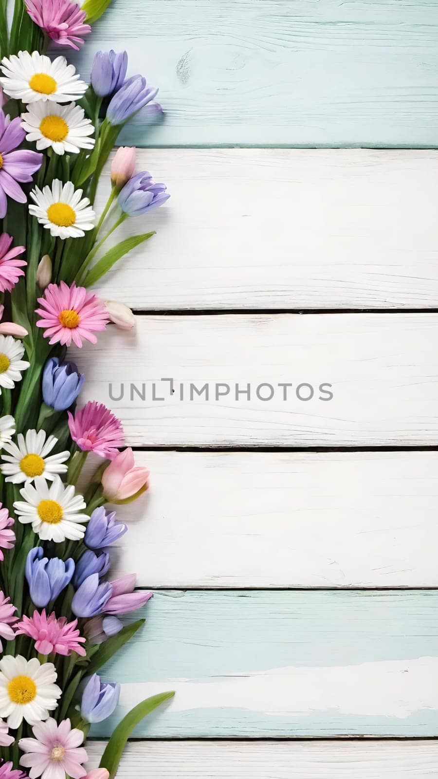 Colorful Spring Flowers on Wooden Background.A vibrant and colorful arrangement of various spring flowers, including daisies, tulips, and other blossoms, placed on a light blue and white wooden background. The flowers are positioned along the left side of the image, creating a beautiful and natural border. The combination of different flower types and colors, such as white, pink, purple, yellow, and blue, adds a cheerful and fresh feel to the image, making it perfect for spring-themed designs, backgrounds, or advertisements.