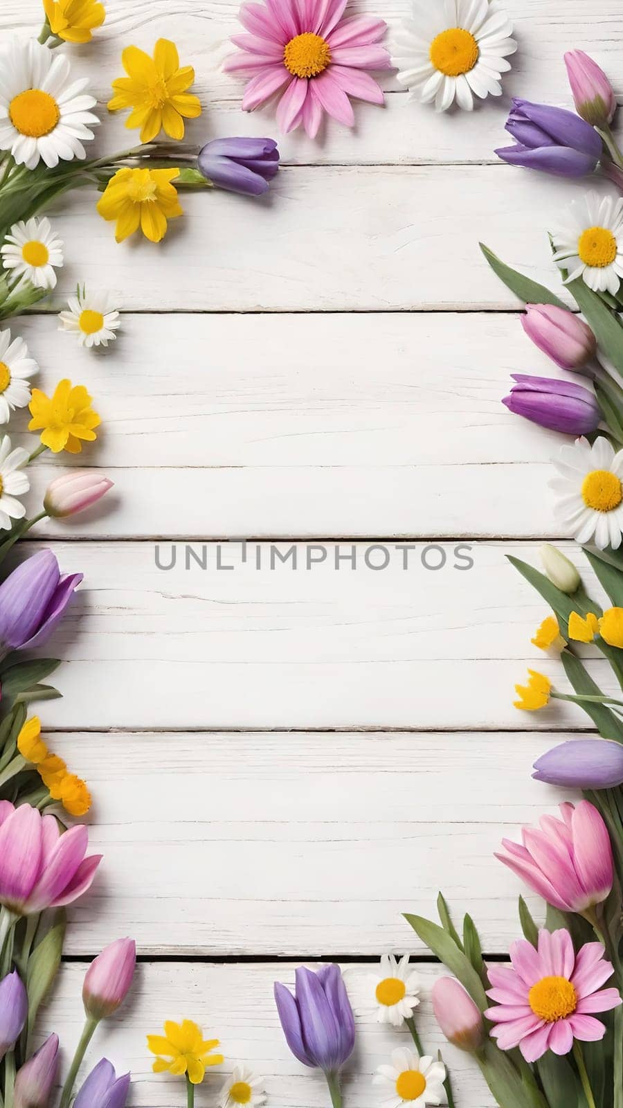 Colorful Spring Flowers on Wooden Background.A vibrant and colorful arrangement of various spring flowers, including daisies, tulips, and other blossoms, placed on a light blue and white wooden background. The flowers are positioned along the left side of the image, creating a beautiful and natural border. The combination of different flower types and colors, such as white, pink, purple, yellow, and blue, adds a cheerful and fresh feel to the image, making it perfect for spring-themed designs, backgrounds, or advertisements.