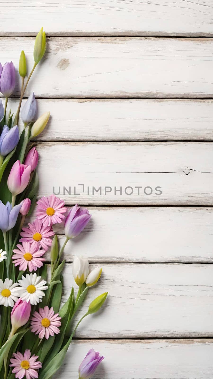 Colorful Spring Flowers on Wooden Background.A vibrant and colorful arrangement of various spring flowers, including daisies, tulips, and other blossoms, placed on a light blue and white wooden background. The flowers are positioned along the left side of the image, creating a beautiful and natural border. The combination of different flower types and colors, such as white, pink, purple, yellow, and blue, adds a cheerful and fresh feel to the image, making it perfect for spring-themed designs, backgrounds, or advertisements.