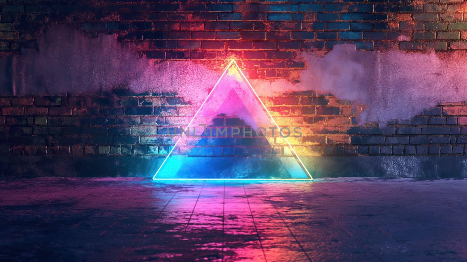 Luminous neon glass triangle on grunge brick wall texture abstract background. Generative AI design